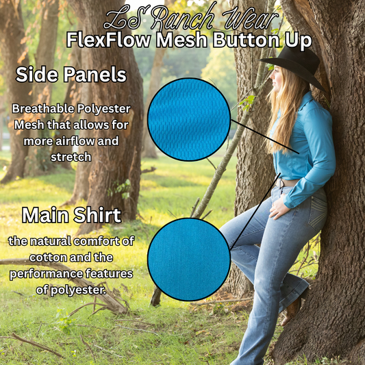LS Ranch Wear FlexFlow Mesh Button-Up Women's— Breathable, Stretch-Fit Western Shirt