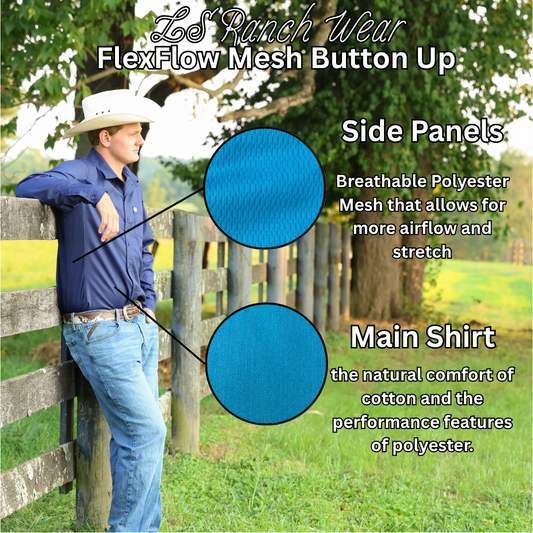 LS Ranch Wear FlexFlow Mesh Button-Up Mens— Breathable, Stretch-Fit Western Shirt